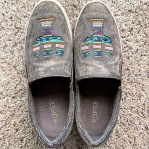 Roper Gray and Brown Embroidered Slip-Ons